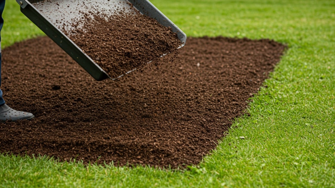 Gardener spreading compost over grass to increase organic matter and improve lawn soil health.