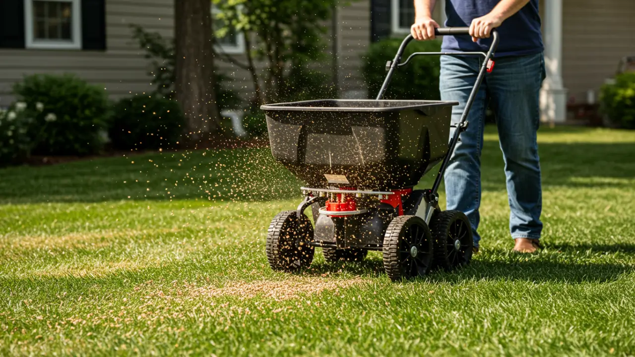 A homeowner walking across a large sunny lawn applying lawn food using a push broadcast spreader.
