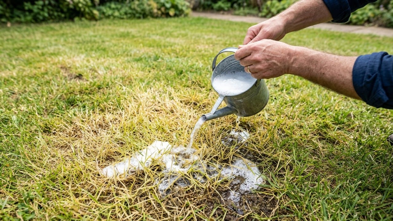 Pouring soapy water over damaged grass is a simple drench test used for lawn pest identification.