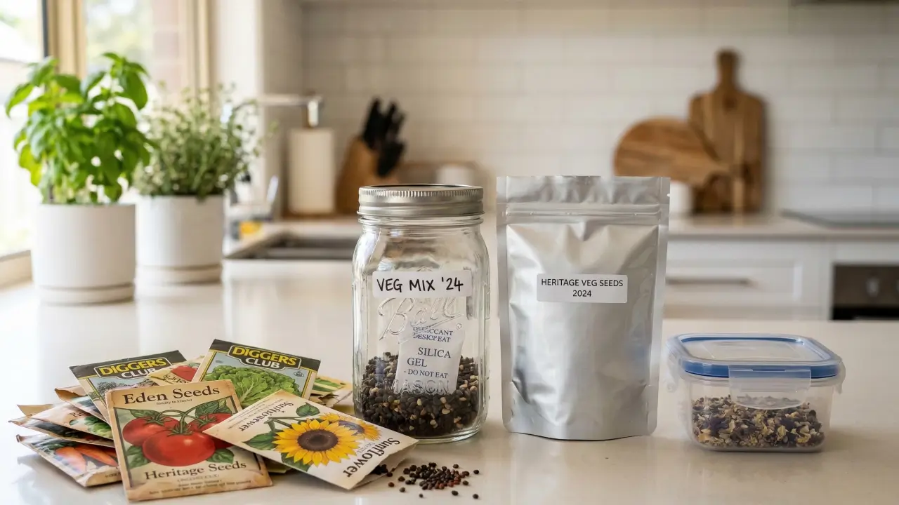 A glass mason jar, a mylar bag, and an airtight plastic container demonstrate the best methods on how to store seed properly.