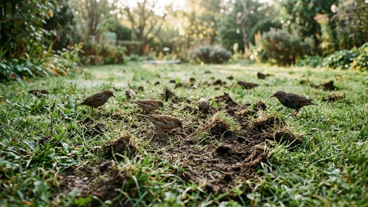 Birds digging into a lawn searching for white grubs in damaged grass.