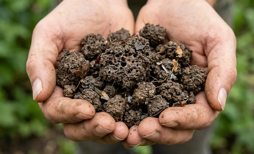 Close-up of rich organic soil aggregates in hand showing natural decomposition and nutrient release for plants.