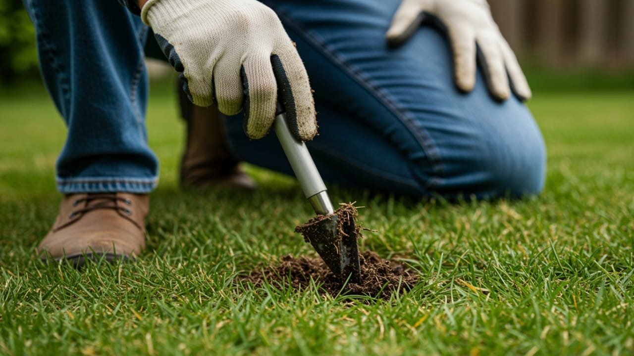 Gardener collecting a soil sample from a lawn for pH and nutrient testing.