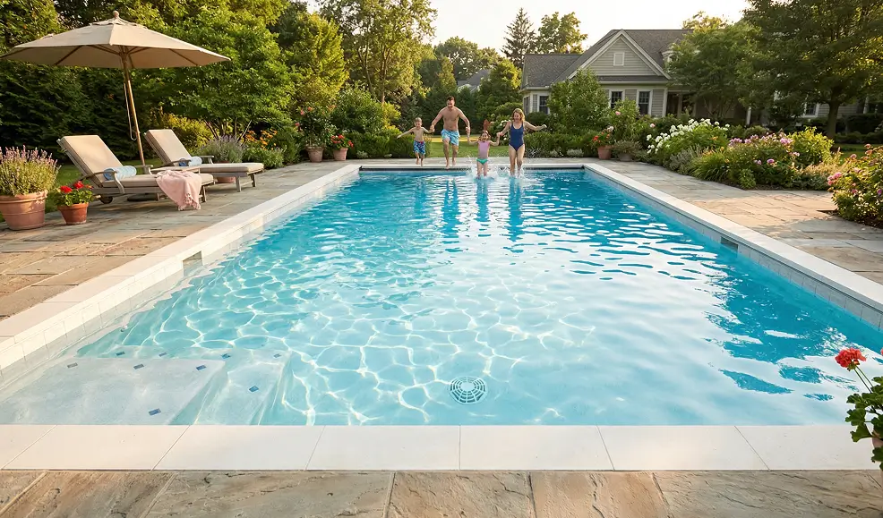 Family enjoying time by a crystal-clear blue residential backyard pool.