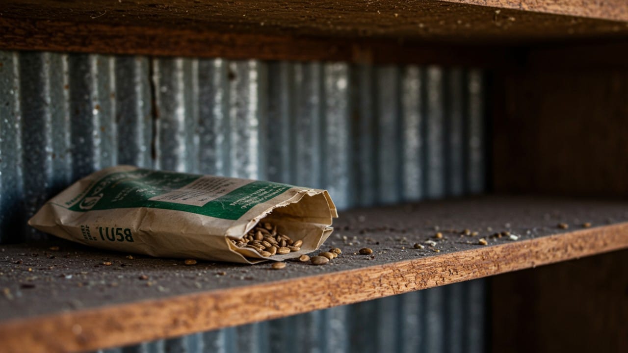 A water-damaged paper seed packet left on a dusty shelf in a hot garden shed illustrates common mistakes that ruin seed viability.