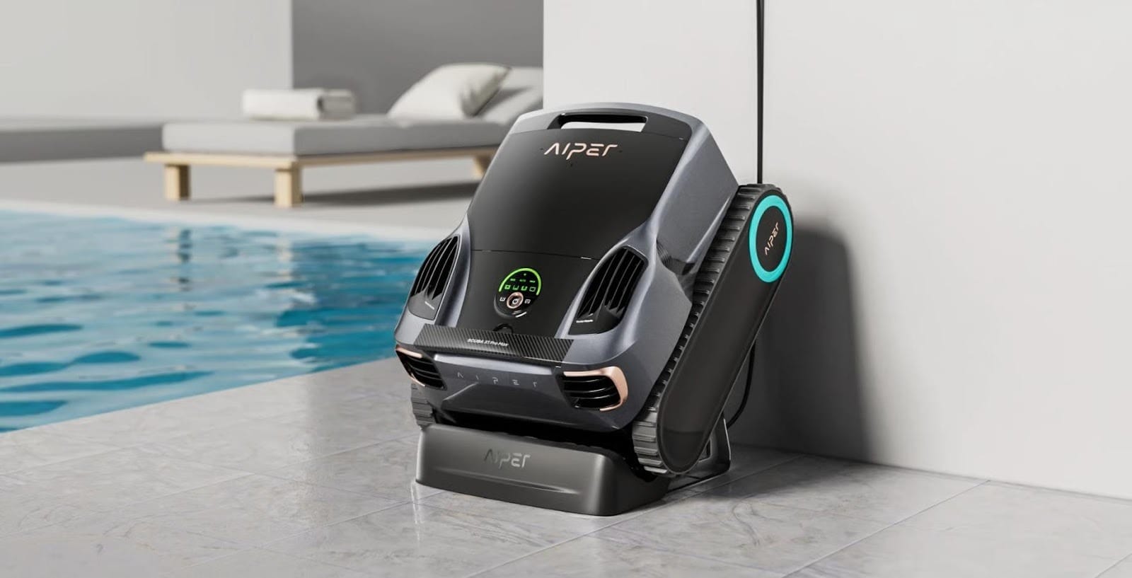 Robot de nettoyage piscine sans fil Aiper Scuba X1 Pro Max sur sa station de charge