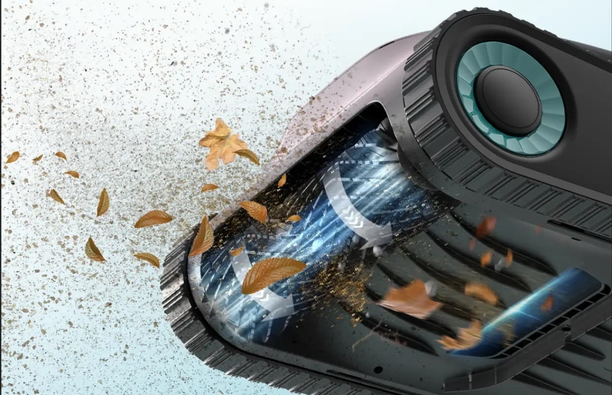 Aiper Scuba S1 aspirador piscina mostrando fuerte potencia de succión mientras recoge hojas y residuos finos