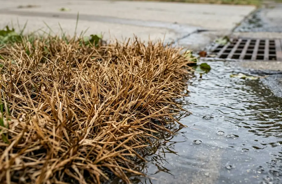 Brown fertilizer burn patches on grass and nutrient runoff water entering a storm drain.