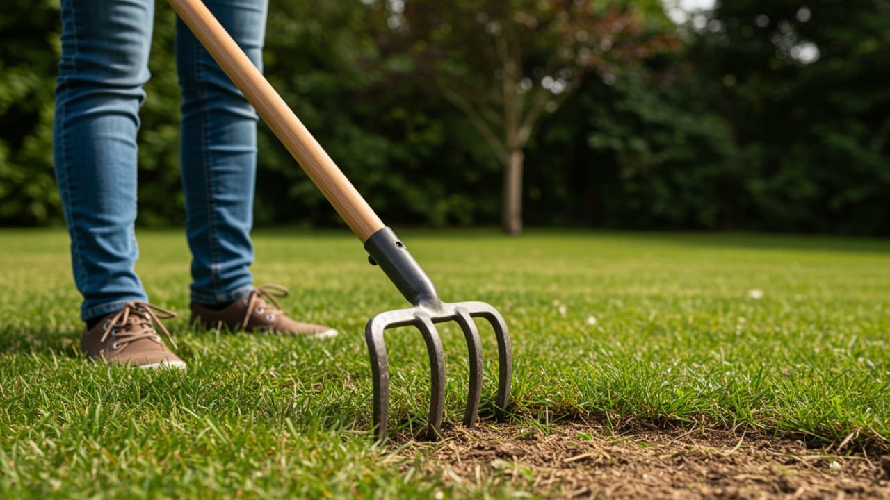 A metal rake clearing thick thatch and dead organic matter from a lawn.
