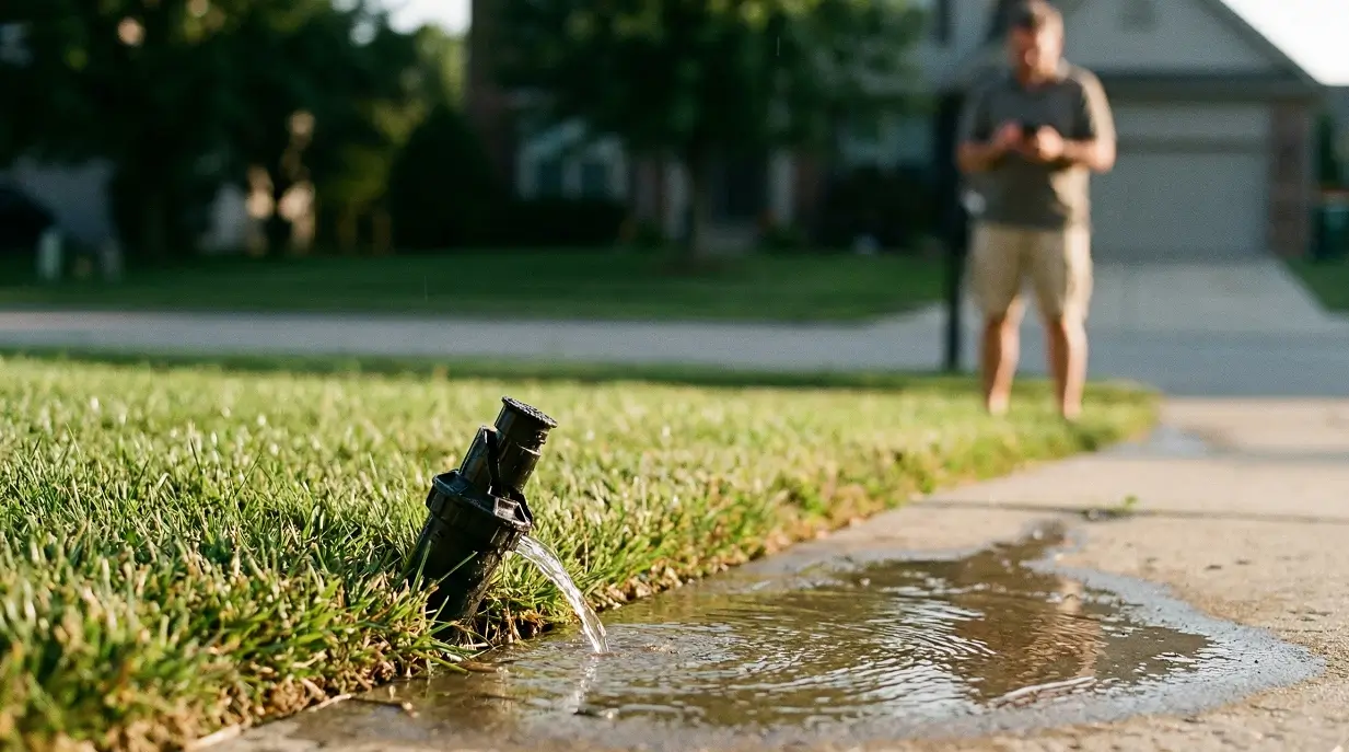 A leaking sprinkler head on a driveway highlighting the need for physical maintenance checks.