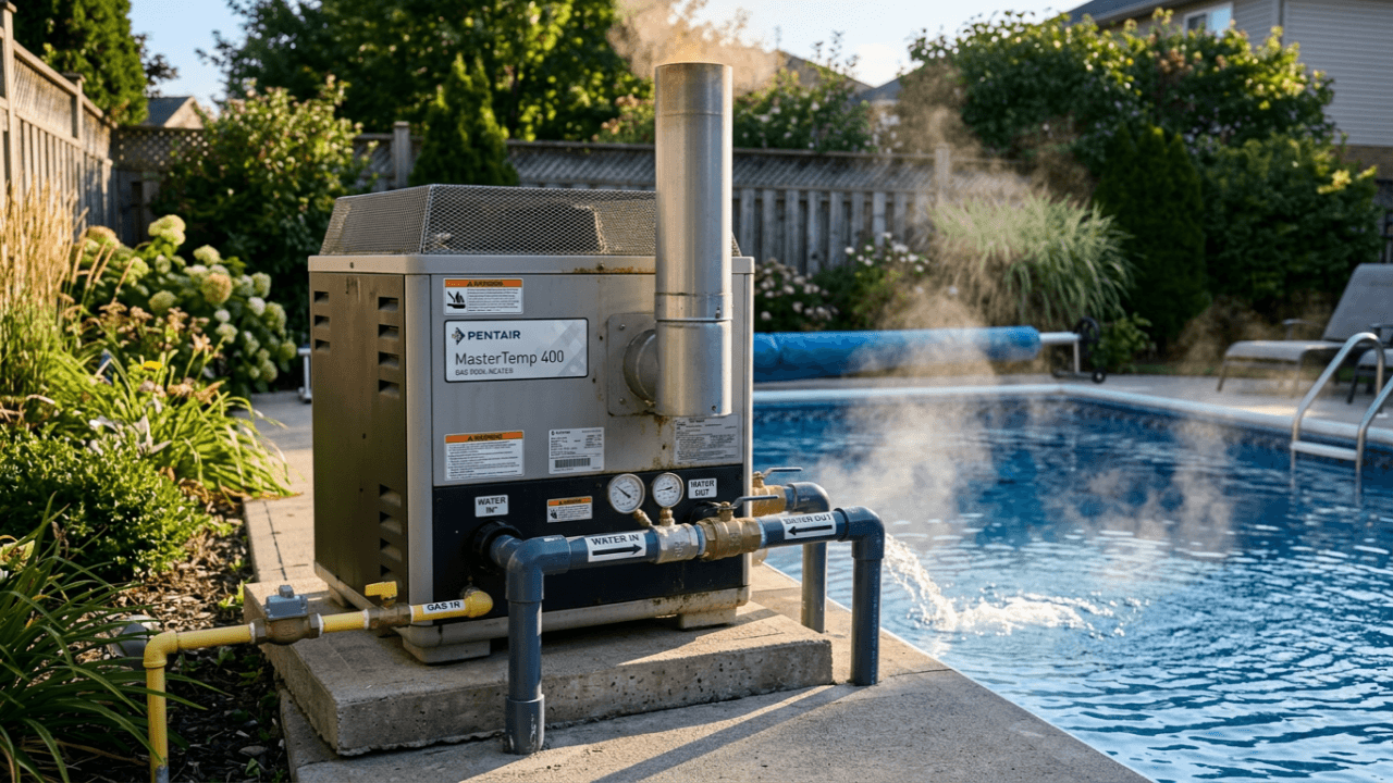 Gas pool heater next to a swimming pool demonstrating rapid heating capability.