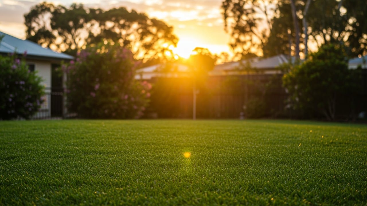 Vibrant healthy green lawn bathed in warm sunset light representing long-term soil care results.