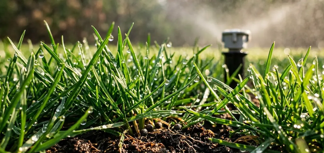 Close-up of healthy green grass receiving nutrient-rich water from a smart irrigation system.