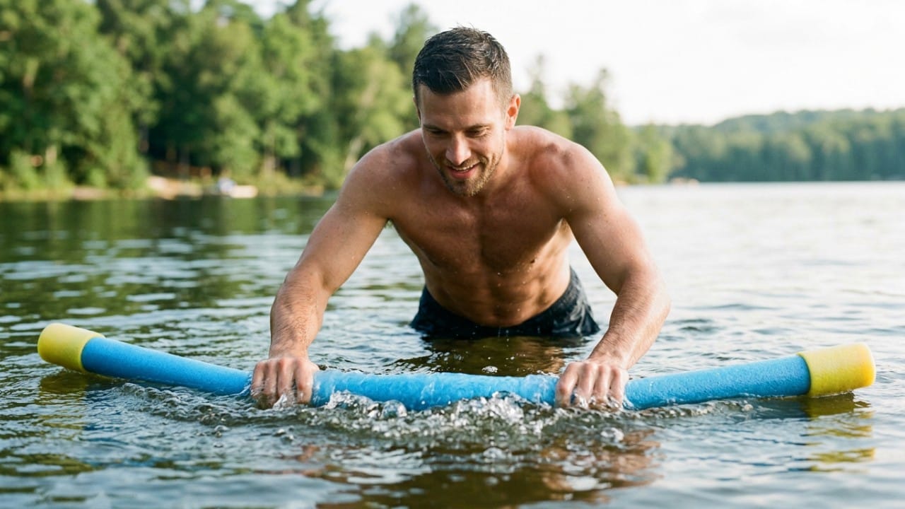 A man demonstrating how to exercise in a swimming pool by performing a core plank with a noodle.