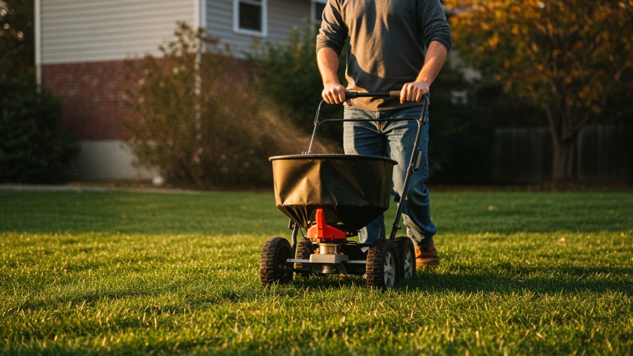 Scattering fresh grass seeds over a bare patch of soil to repair a dead lawn.