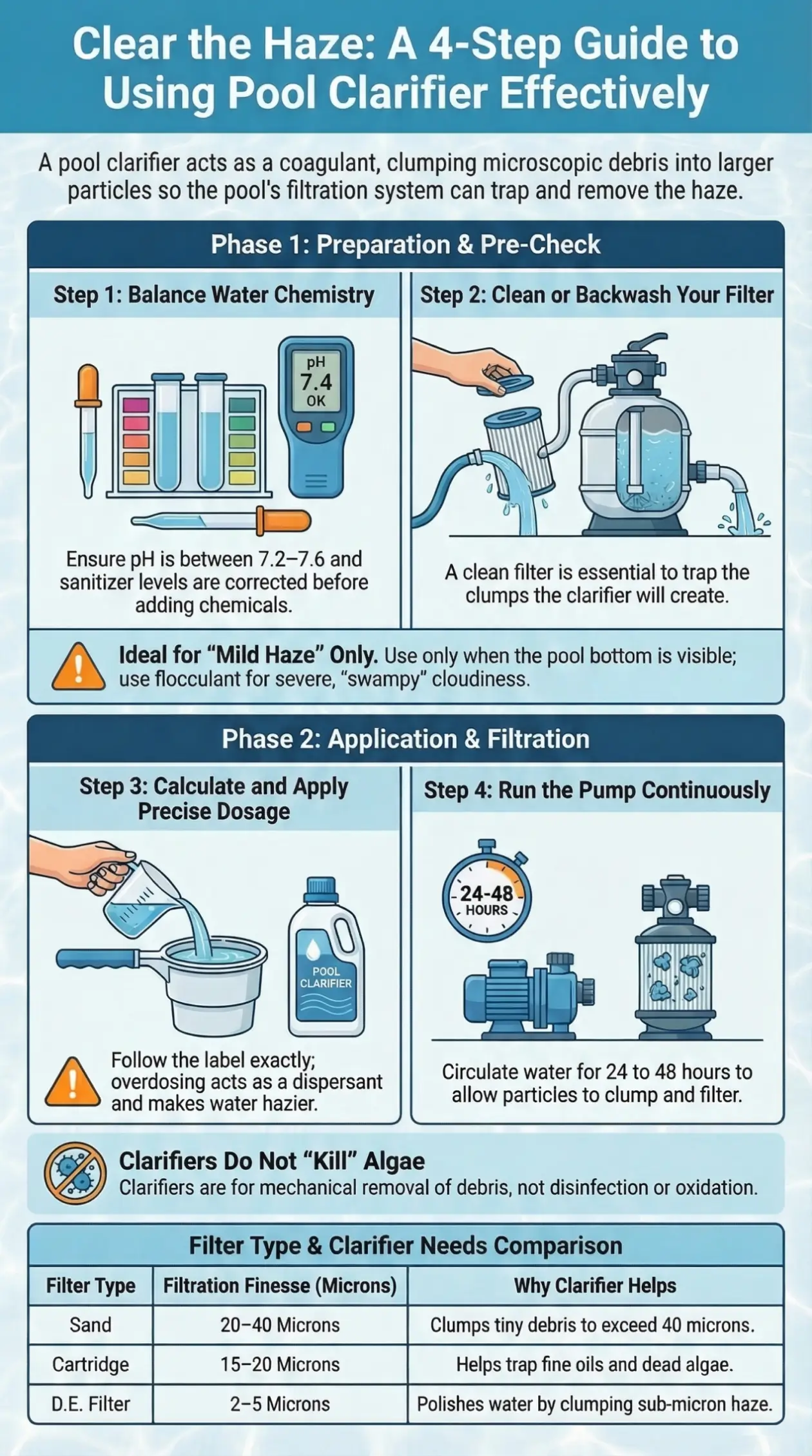 A four-step guide on how to use a pool clarifier effectively, including balancing chemistry, cleaning the filter, calculating dosage, and running the pump.