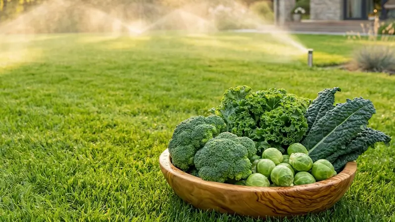 Lush chemical-free lawn with fresh cruciferous vegetables and smart irrigation, representing the ultimate detox solution for body and lawn.