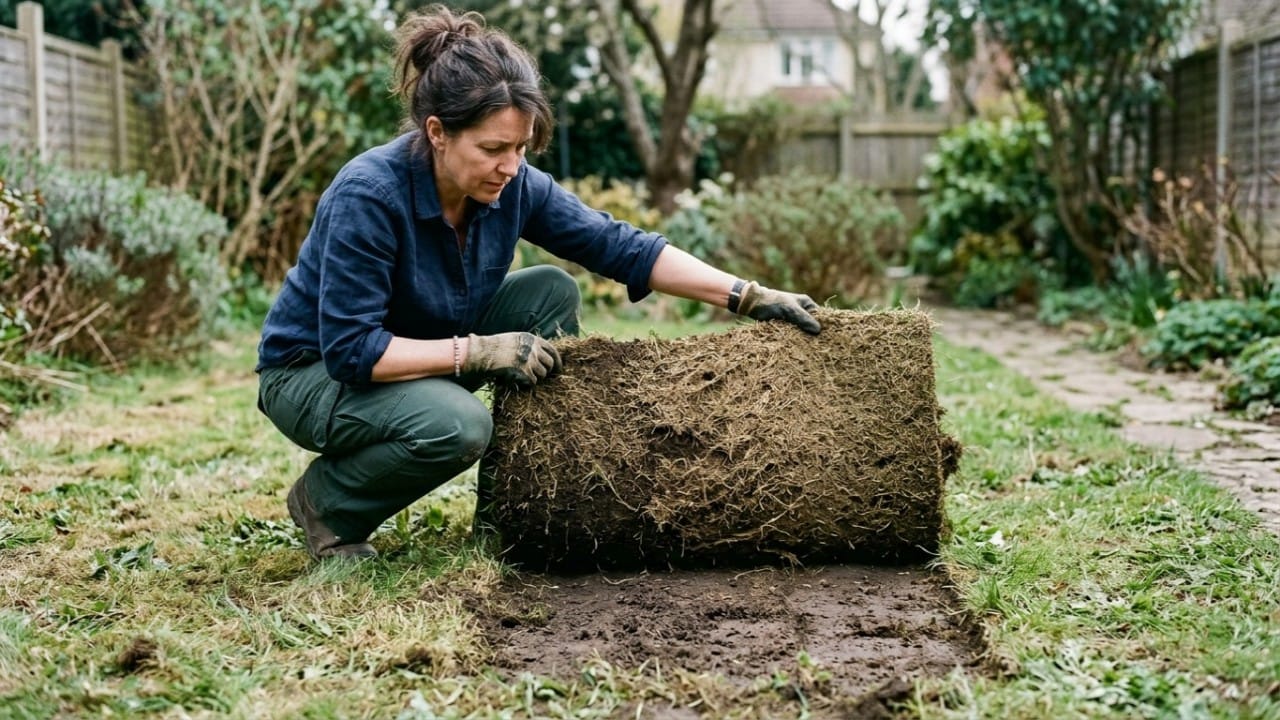Homeowner performing the lawn rug test to check for white grub damage.