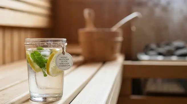 Glass of filtered lemon water on a sauna bench, aiding pesticide detox through hydration.