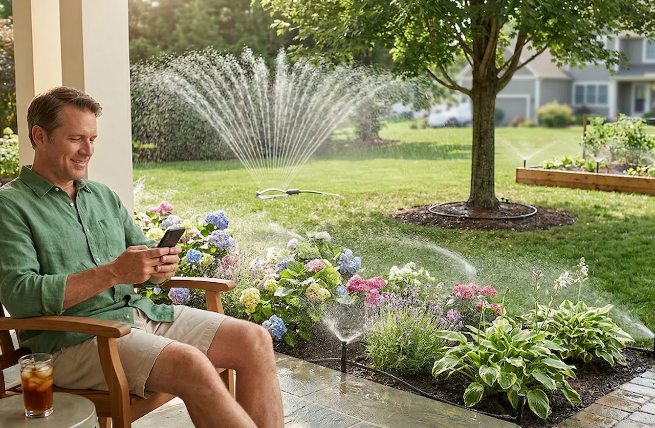 Homeowner controlling independent watering schedules for different yard zones via a smart phone app