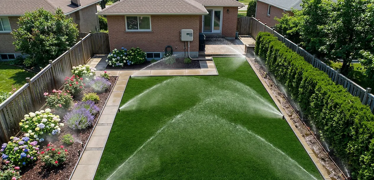 Overhead view of a lawn with distinct watering zones for grass, hedges, and flowers managed by one smart system.