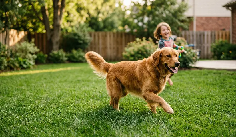 Happy dog and child playing on a safe organic lawn free from toxic chemical fertilizer residues.