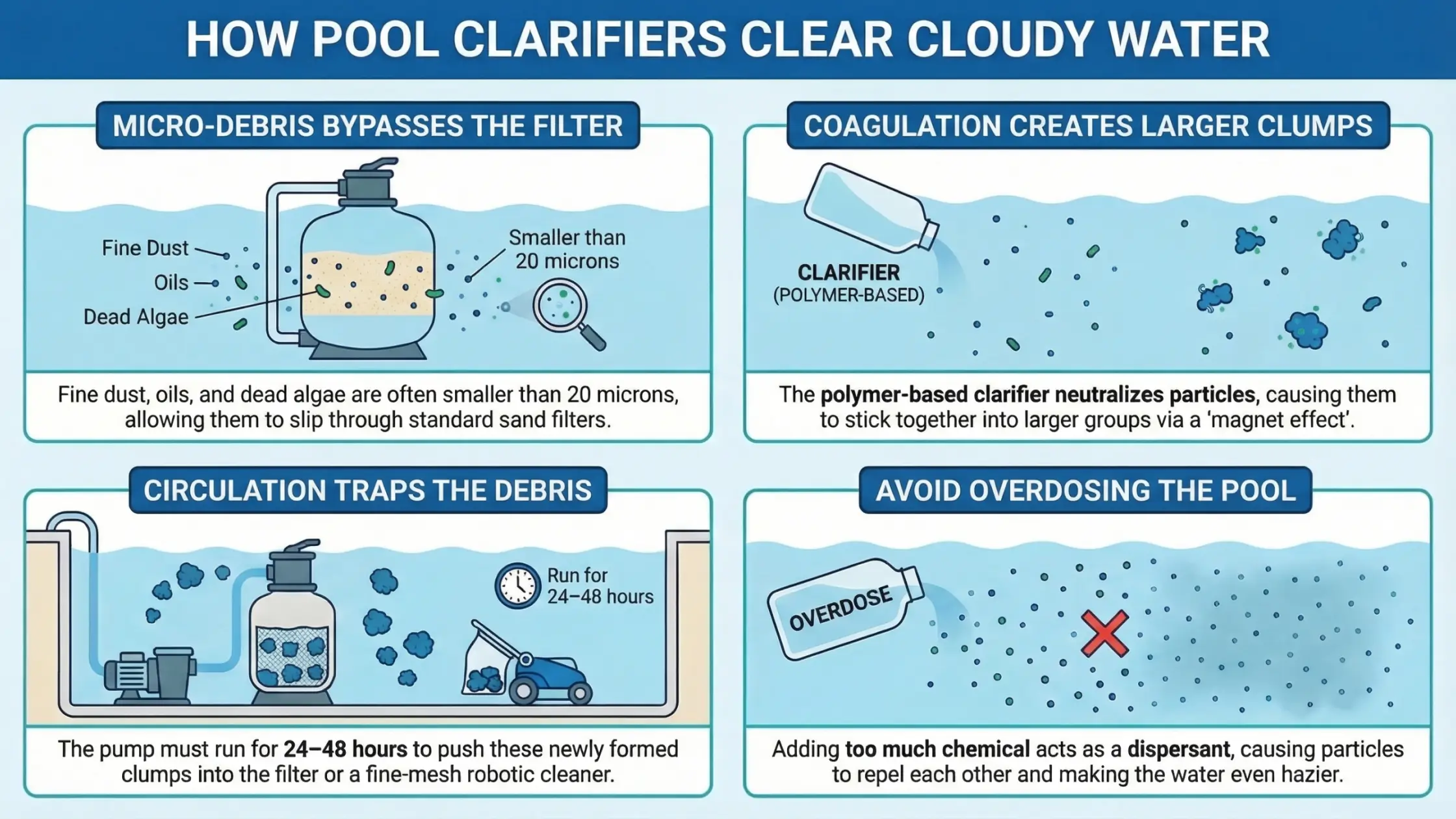 A visual diagram showing how a pool clarifier acts as a coagulant to group microscopic suspended particles into larger clumps for the filter to catch.