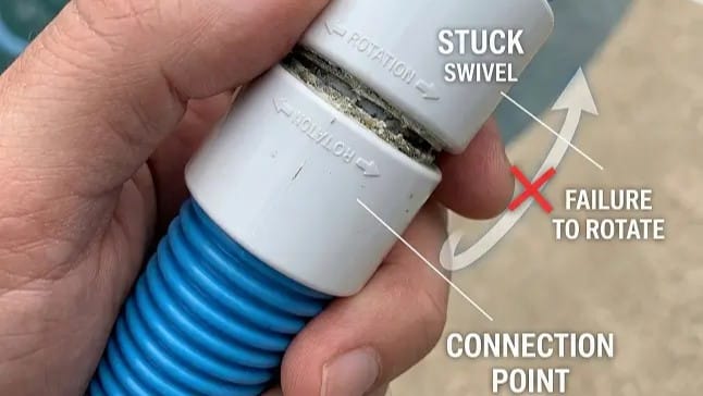 Close-up of a pool cleaner hose swivel joint connection.