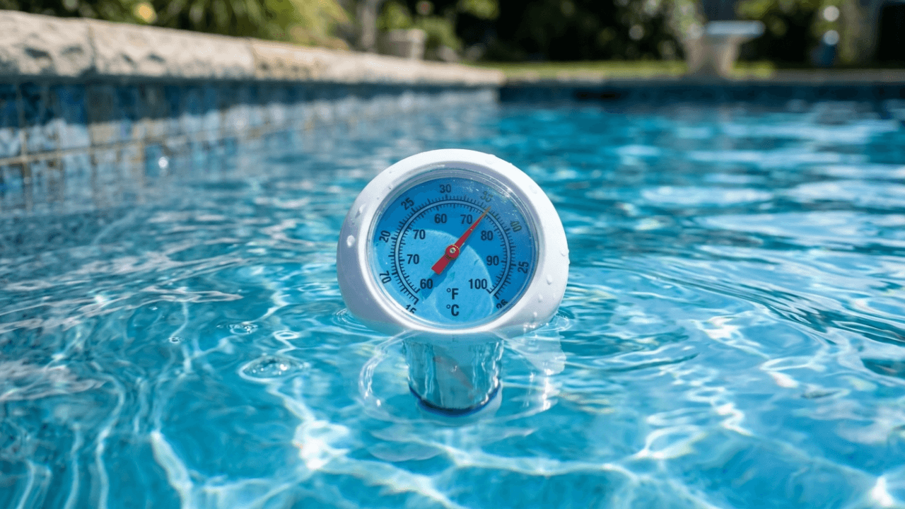 Pool thermometer showing water temperature to illustrate average heating times for different pool heaters.