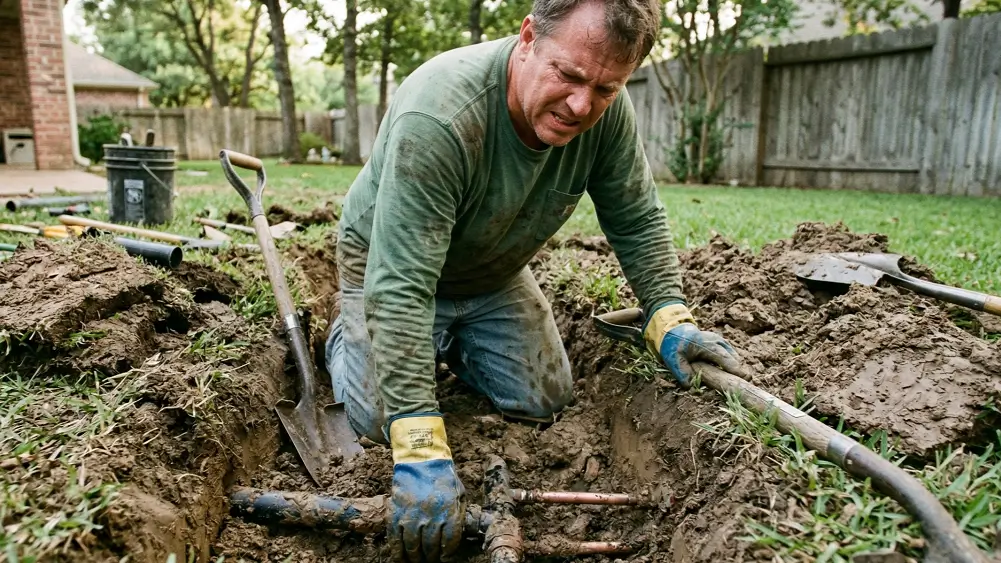 Homeowner digging up grass to repair an underground irrigation pipe system.