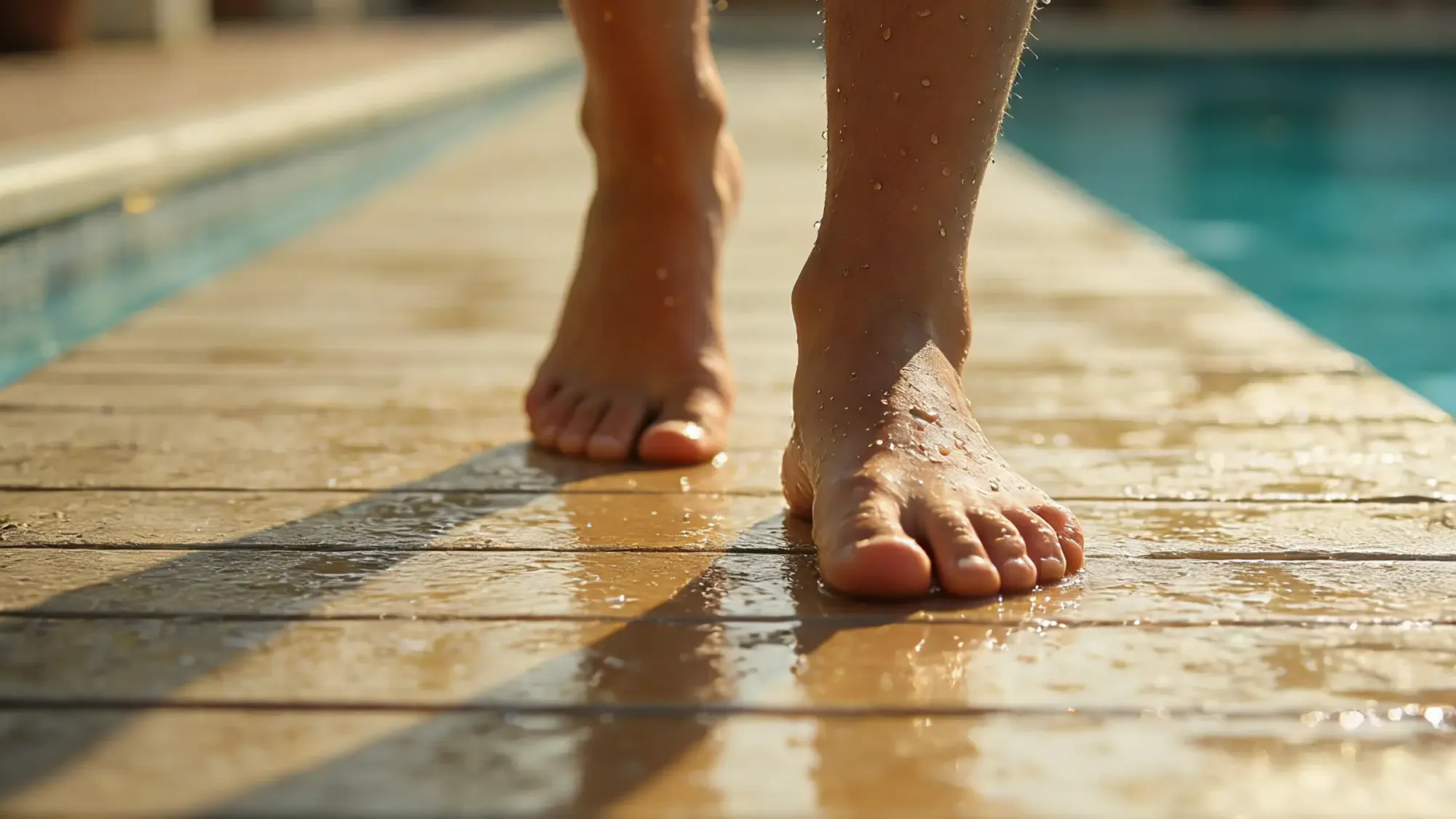 Bare feet walking safely on a wet pool deck free of tripping hazards like cords or hoses.