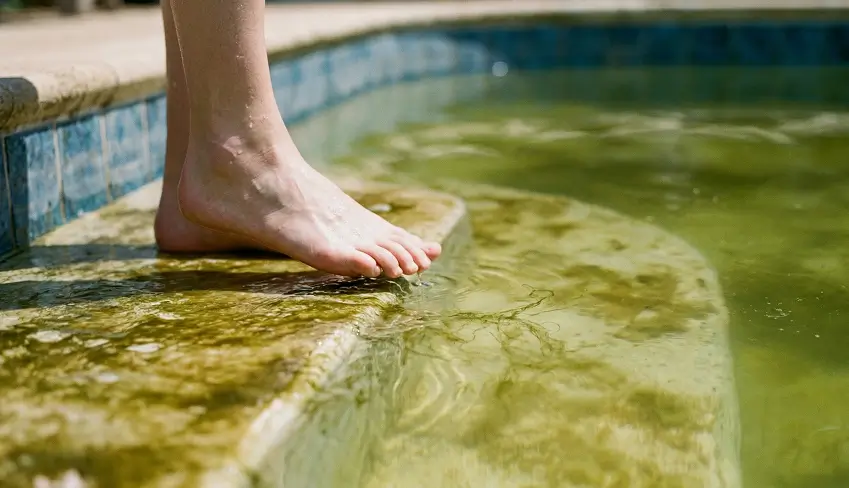 Close-up of a foot on slippery algae-covered pool steps showing hidden drowning and injury risks.
