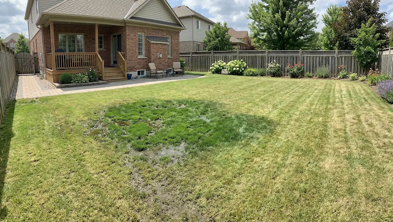 Soggy, overly green patch of lawn indicating an underground sprinkler pipe leak causing low pressure.