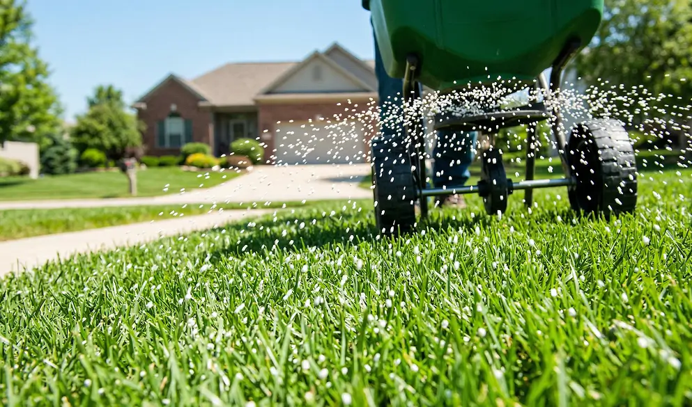 White synthetic fertilizer granules being evenly spread on a green lawn for fast nutrient delivery.