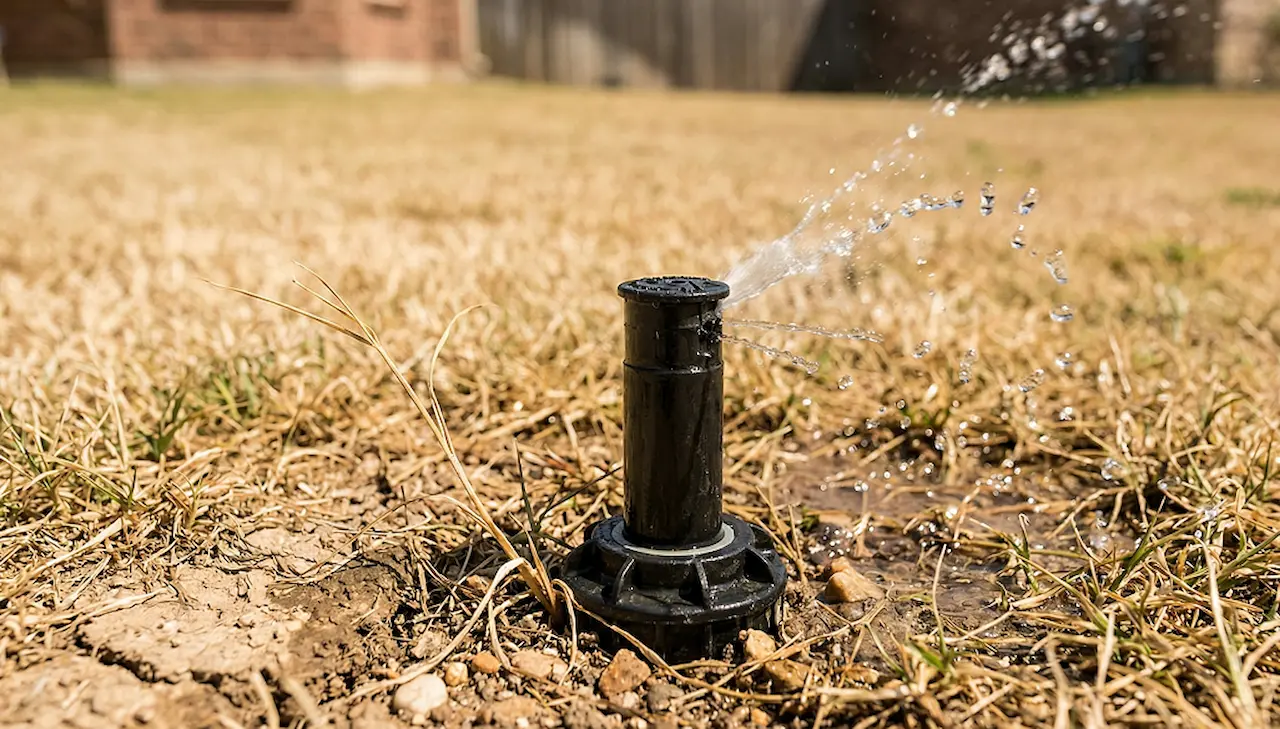 Close-up of a sprinkler head stuck halfway up with weak water flow causing uneven lawn watering.