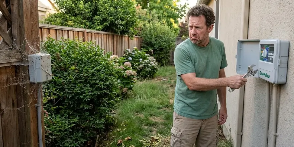 A homeowner looking frustrated while holding a wrench next to a wall-mounted irrigation controller and a dusty, spiderweb-covered rain sensor, illustrating the maintenance challenges of traditional systems.