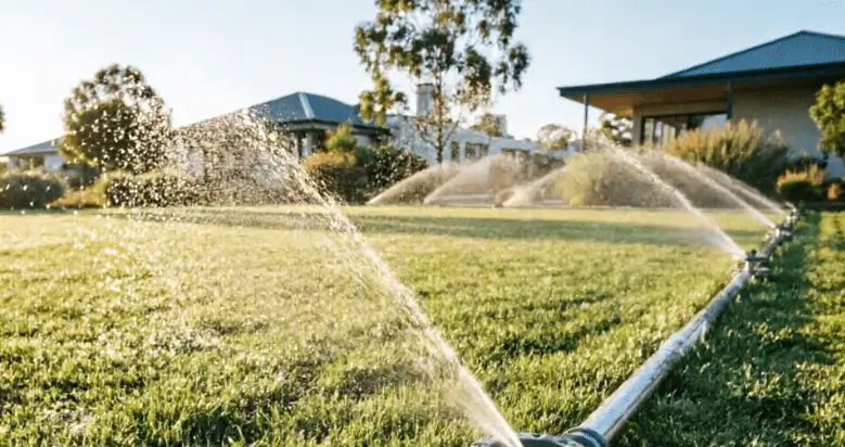 A lush green lawn being watered efficiently by a sprinkler system during a hot Australian summer.