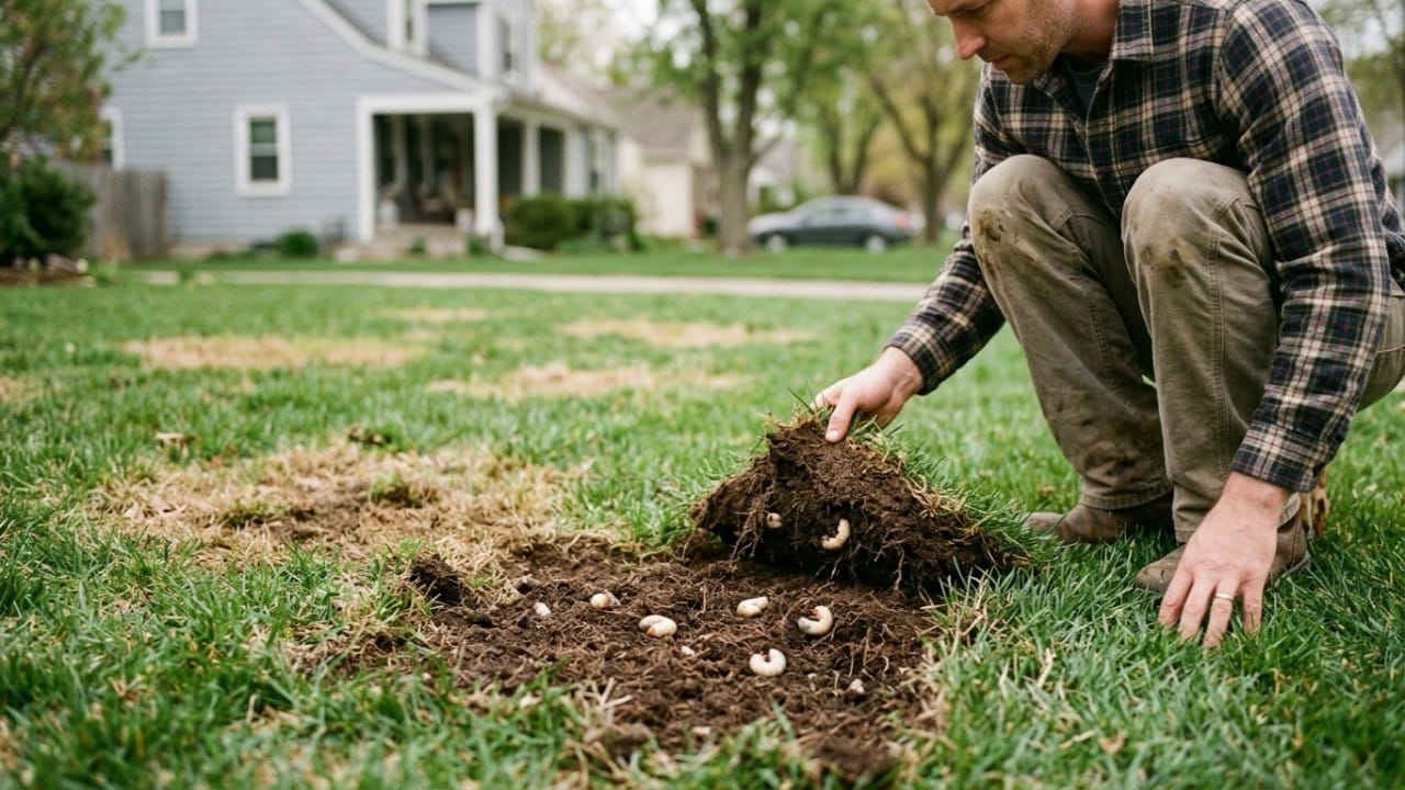 Performing a gentle tug test on loose turf helps homeowners check for signs of lawn insects.