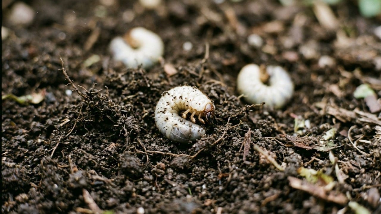 Plump white grubs resting in the soil just beneath the grass roots are a common grass pest.