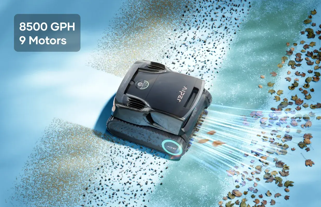 Aiper Scuba X1 Pro Max robotic pool cleaner with 8500 GPH suction and 9 motors removing fine debris and leaves from textured Pebble Tec pool surfaces.