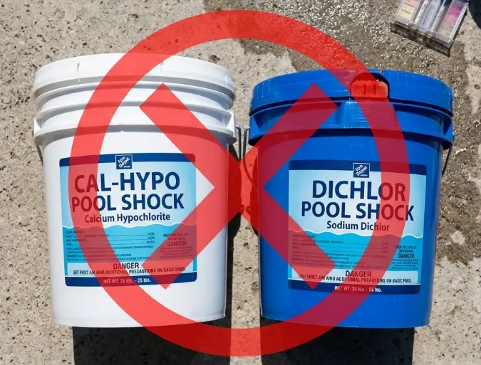 Two buckets of different pool shock types, Cal-Hypo and Dichlor, with a red prohibition symbol indicating not to mix. 