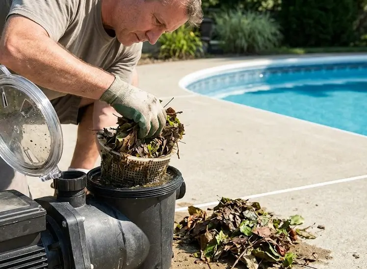 Emptying a clogged skimmer basket full of leaves to restore pool water flow.