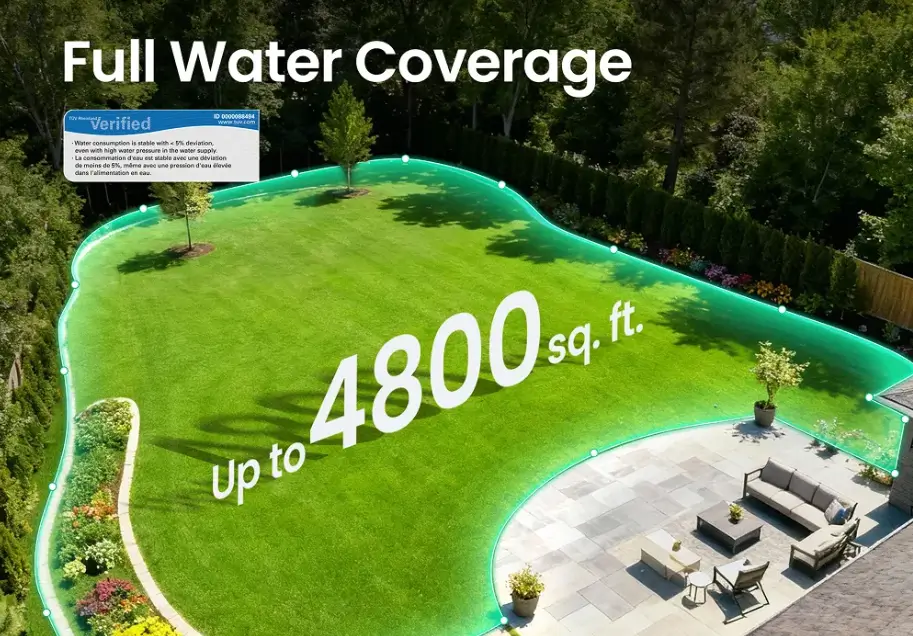 Smart sprinkler system provides full water coverage up to 4800 sq. ft. with verified stable water pressure performance.