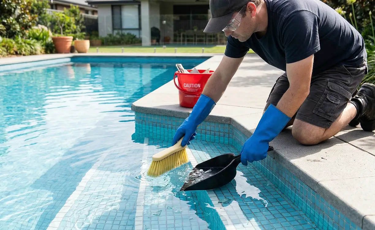 Manually sweeping up large pieces of broken glass from the pool with a dustpan and soft broom.