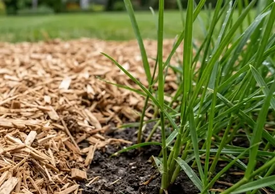 Wood chip mulch layer on lawn soil to reduce bare ground and improve water retention.