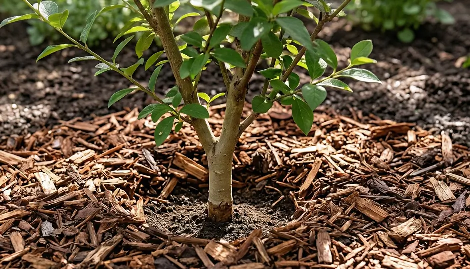 A 2-3 inch layer of organic mulch applied around a shrub base to retain moisture, with a gap left near the stem to prevent rot.