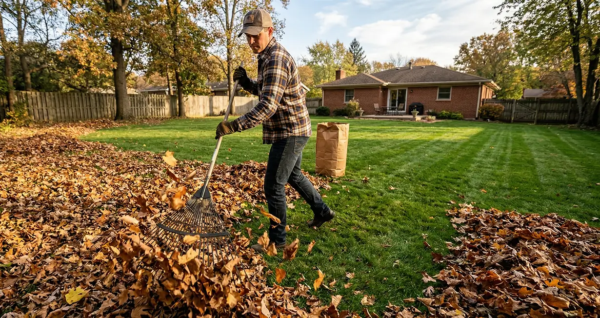 Homeowner raking autumn leaves off the lawn to prevent disease and suffocation.