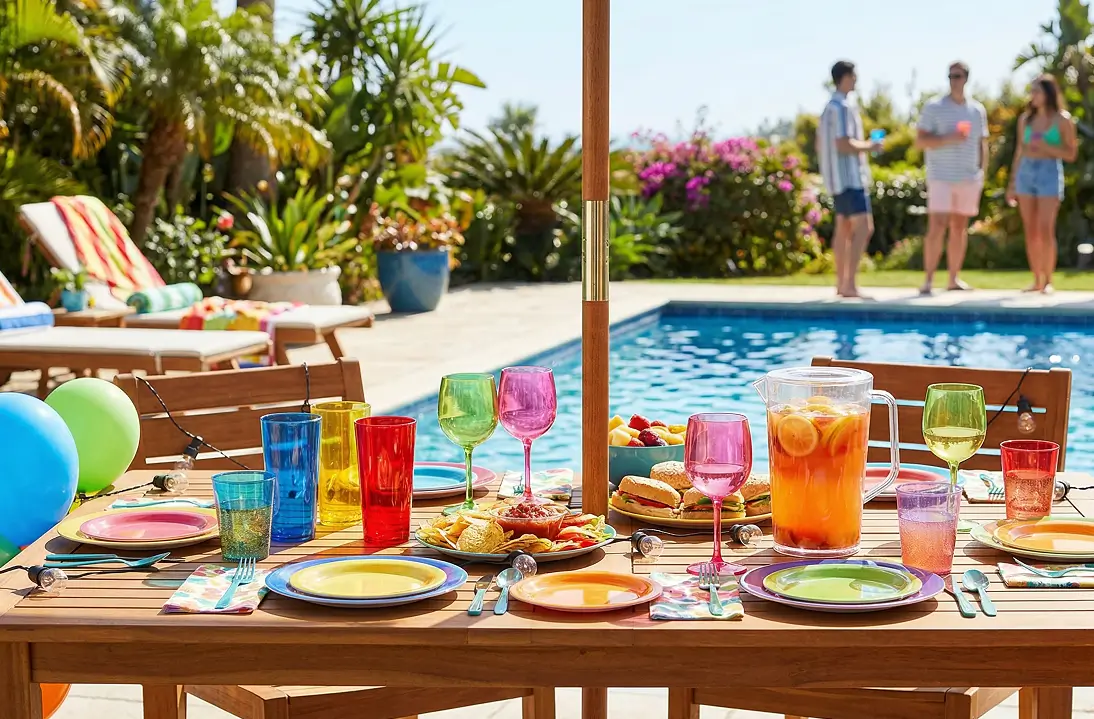 Using shatterproof acrylic drinkware around the pool area to prevent glass hazards.