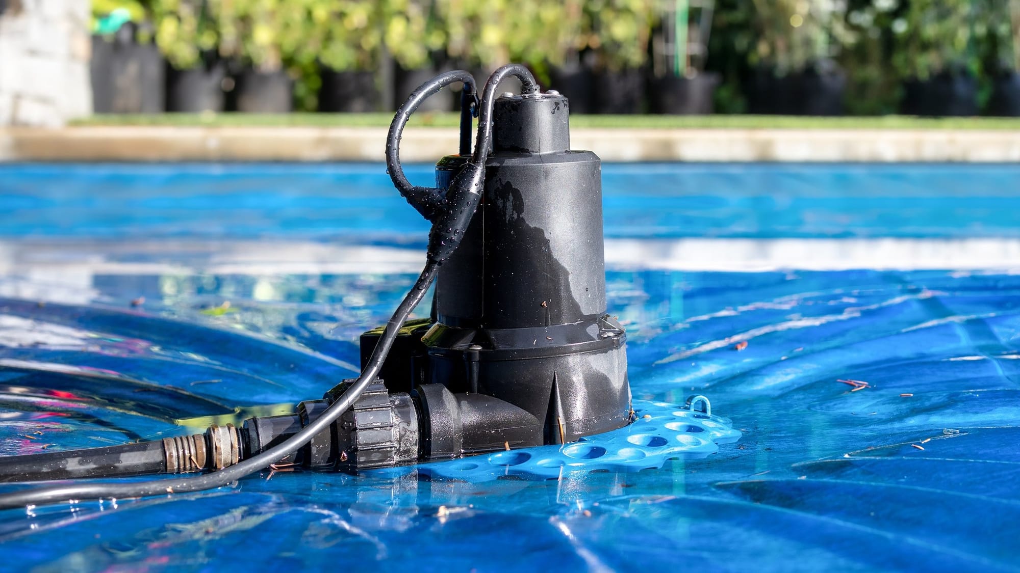 using a pump to remove the water from the pool cover.