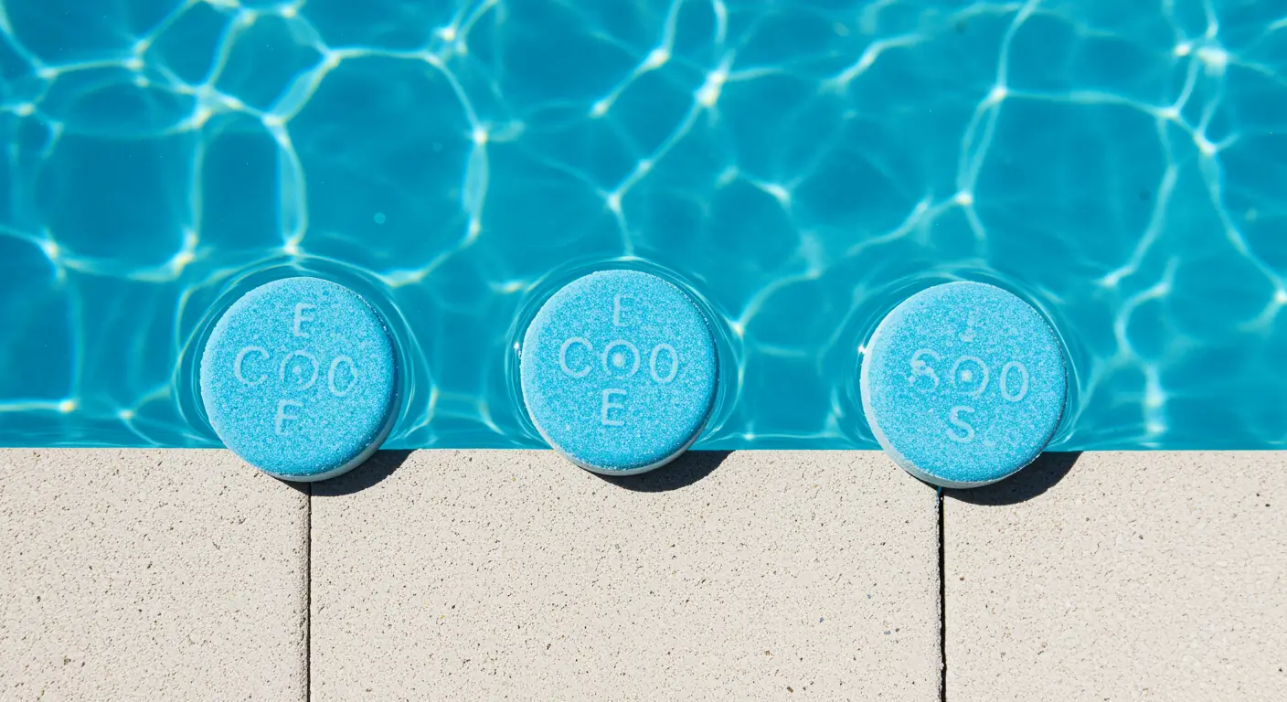 Visually appealing overhead shot of three large 3-inch pool chlorine tablets (Trichlor pucks) sitting in the water at the edge of a clean, blue pool.